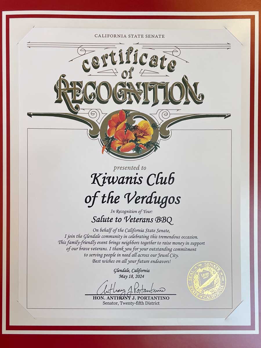 California State Senate Certificate of Recognition Kiwanis Club of the Verdugos from Senator Portantino